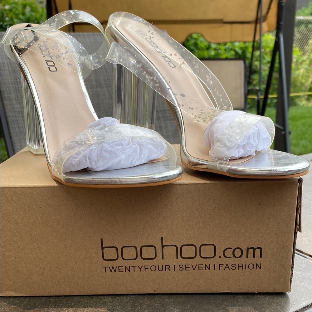 Boohoo White Heels with Clear Straps and Medium Heel